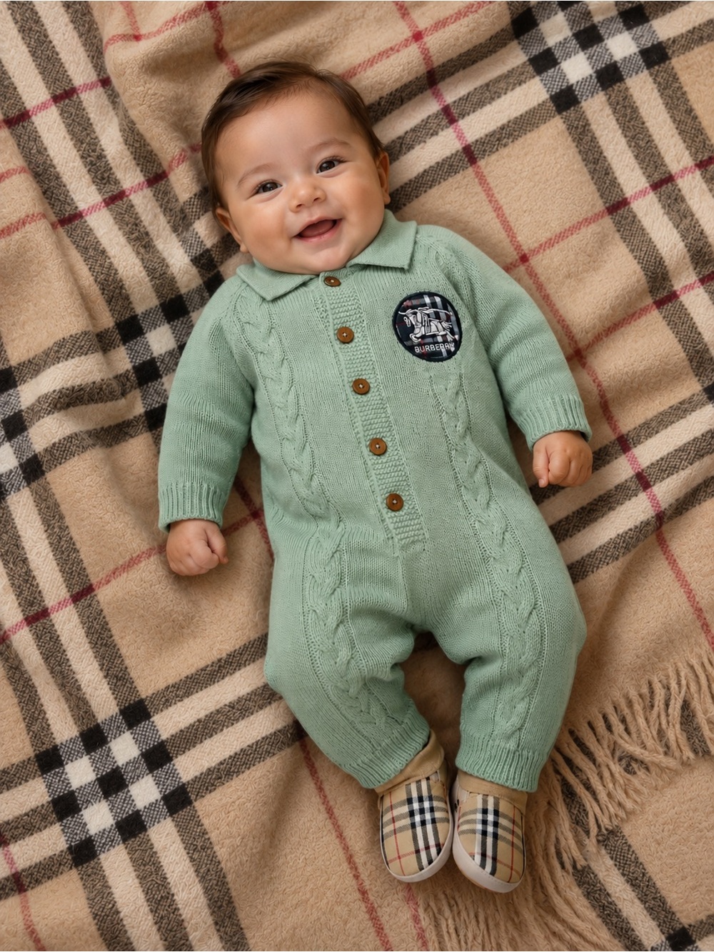 Burberry cable knit wooden button logo patch  fold collar romper - 0-3 months